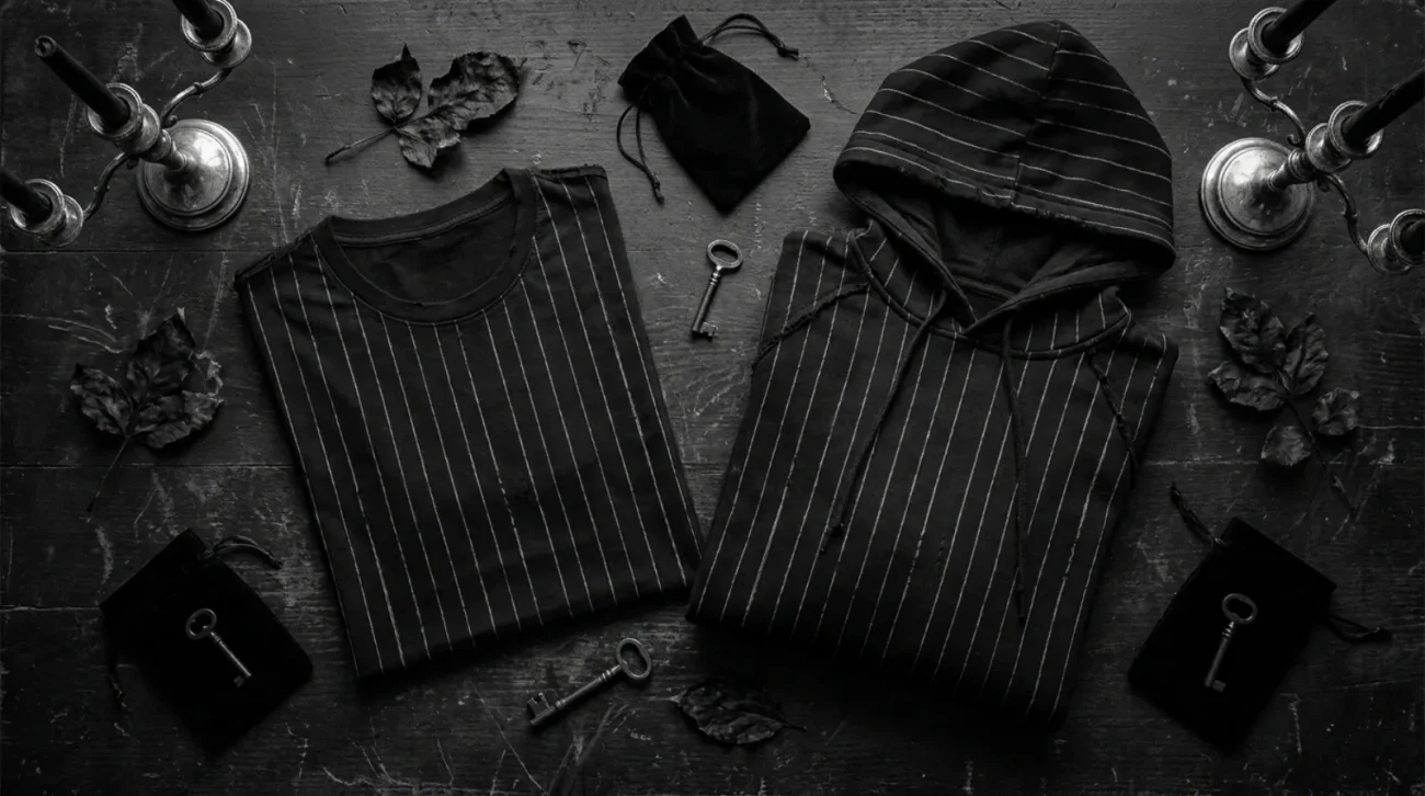 Jack Skellington shirt and hoodie flat lay in black and white gothic pinstripe