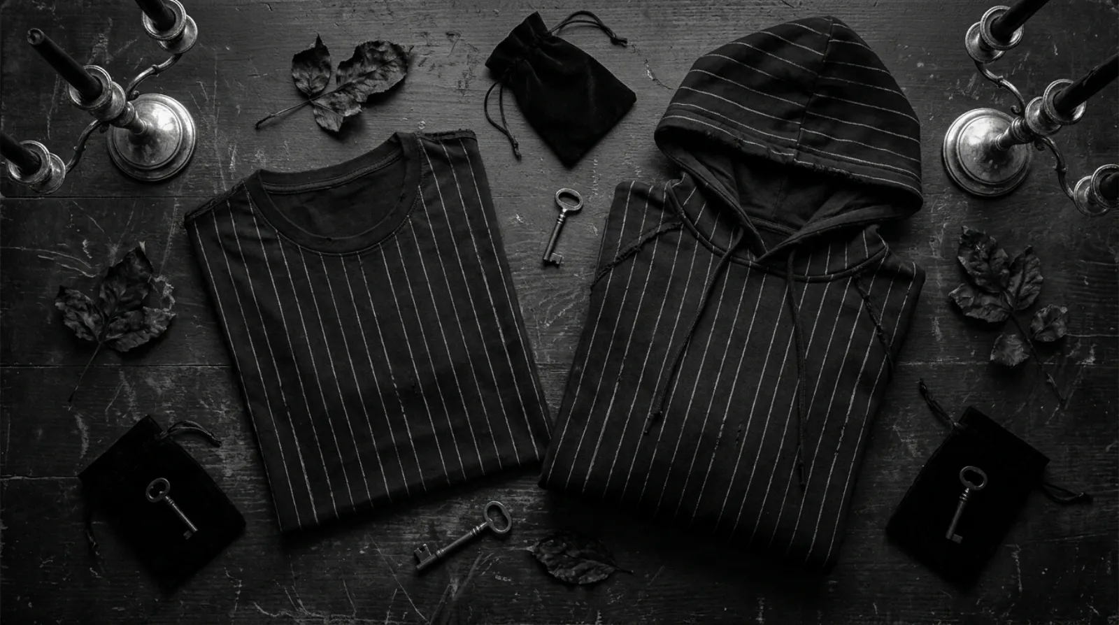Jack Skellington shirt and hoodie flat lay in black and white gothic pinstripe