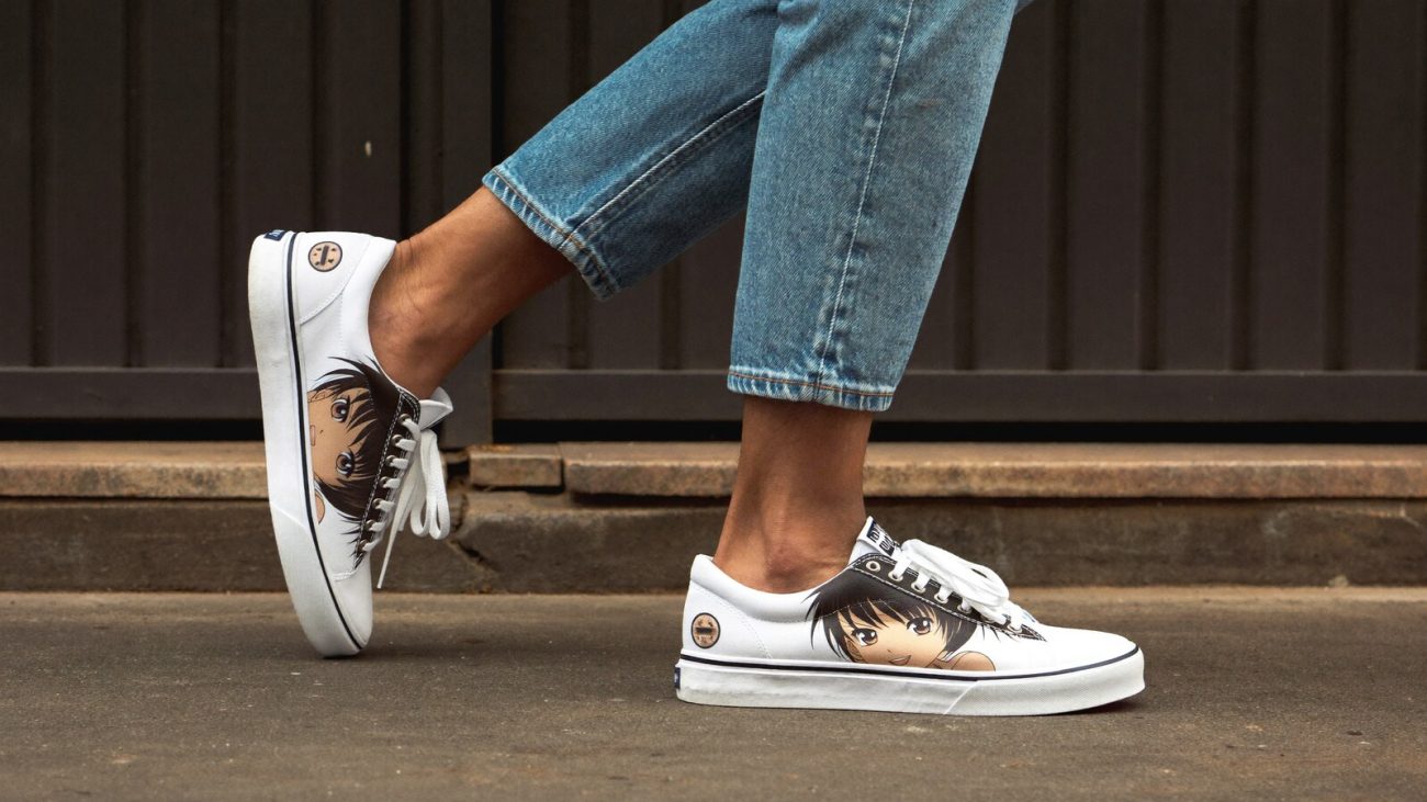 Person wearing an anime-inspired jd1 shoes in an editorial scene