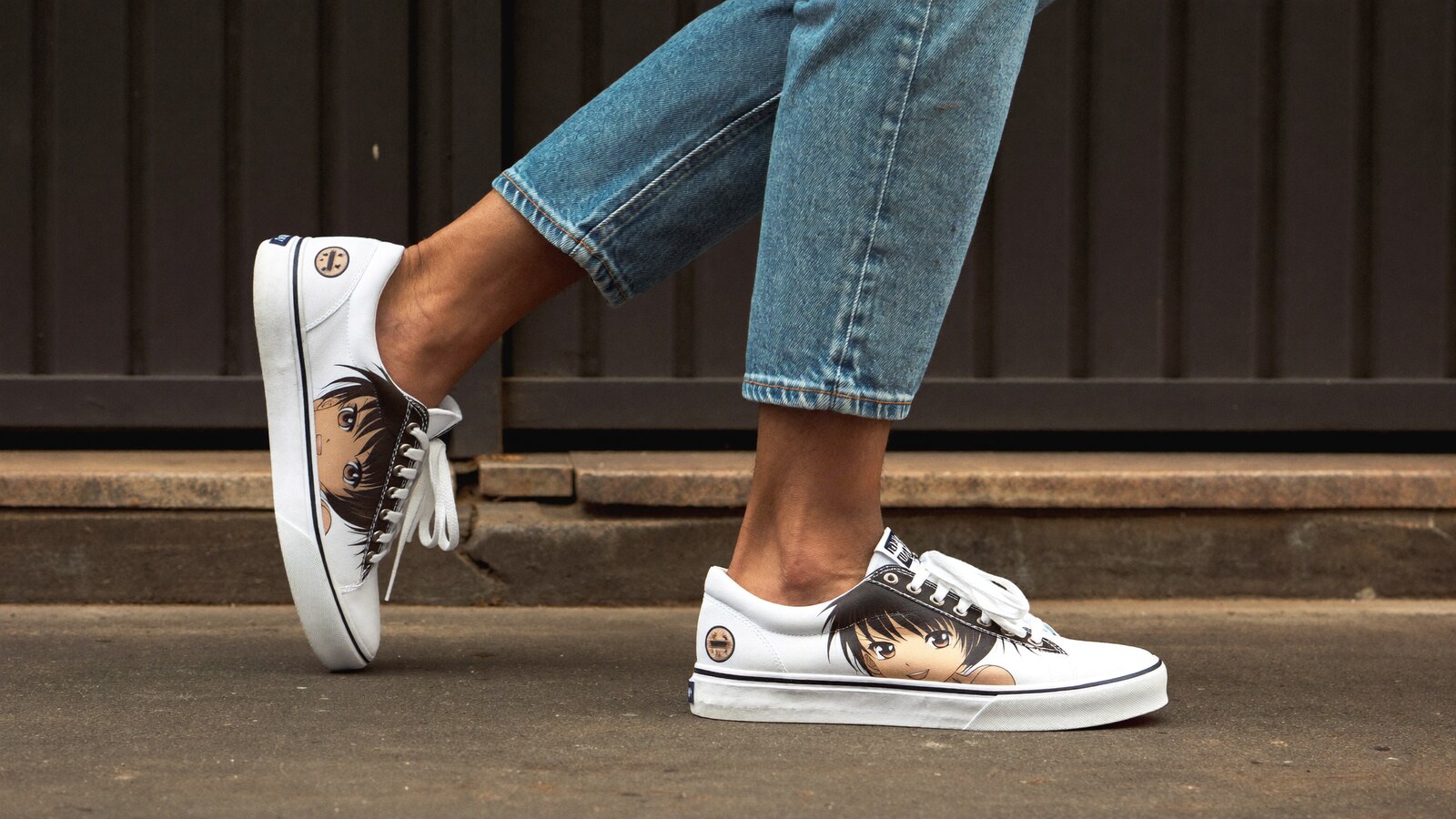 Person wearing an anime-inspired jd1 shoes in an editorial scene