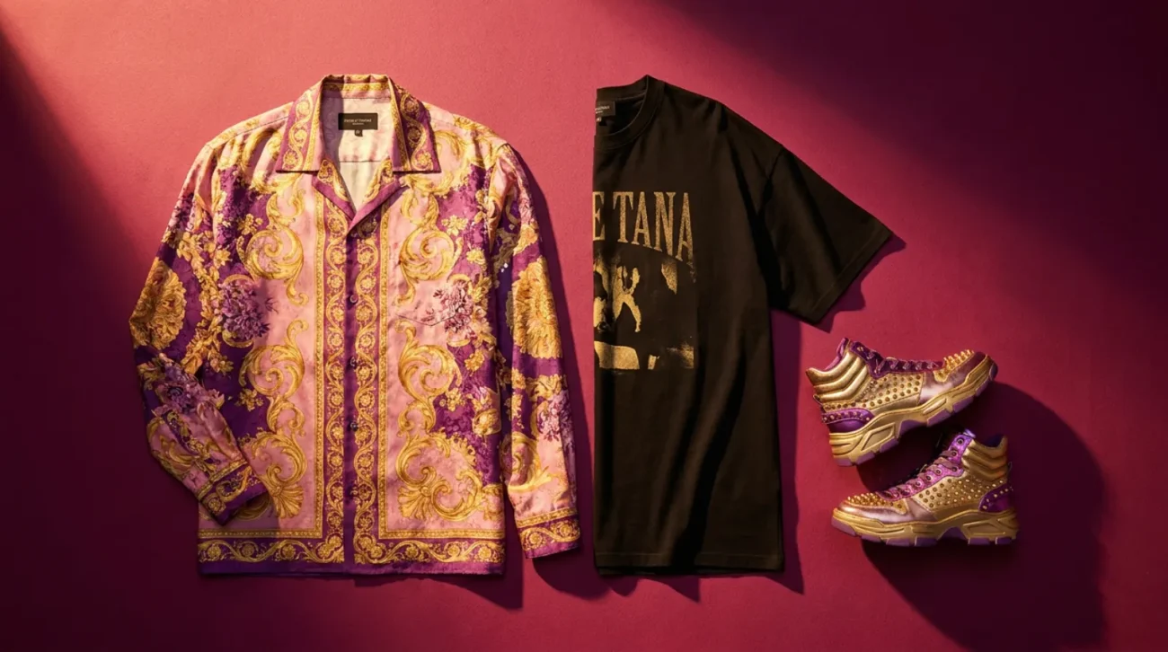 Flat-lay of bold JoJo's Bizarre Adventure merch including a pink and gold Hawaiian shirt, black vintage tee and high-tops