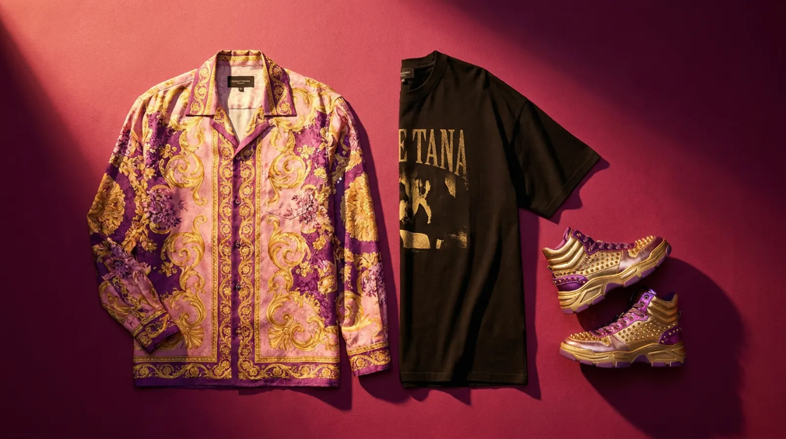 Flat-lay of bold JoJo's Bizarre Adventure merch including a pink and gold Hawaiian shirt, black vintage tee and high-tops