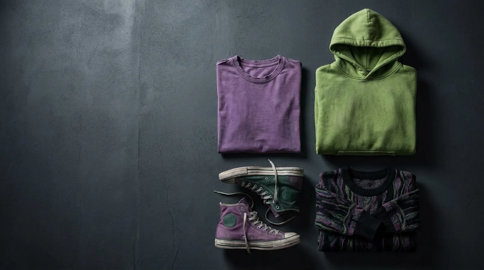 Joker shirt and merch flat lay in purple, acid green and black with tee, hoodie and kicks