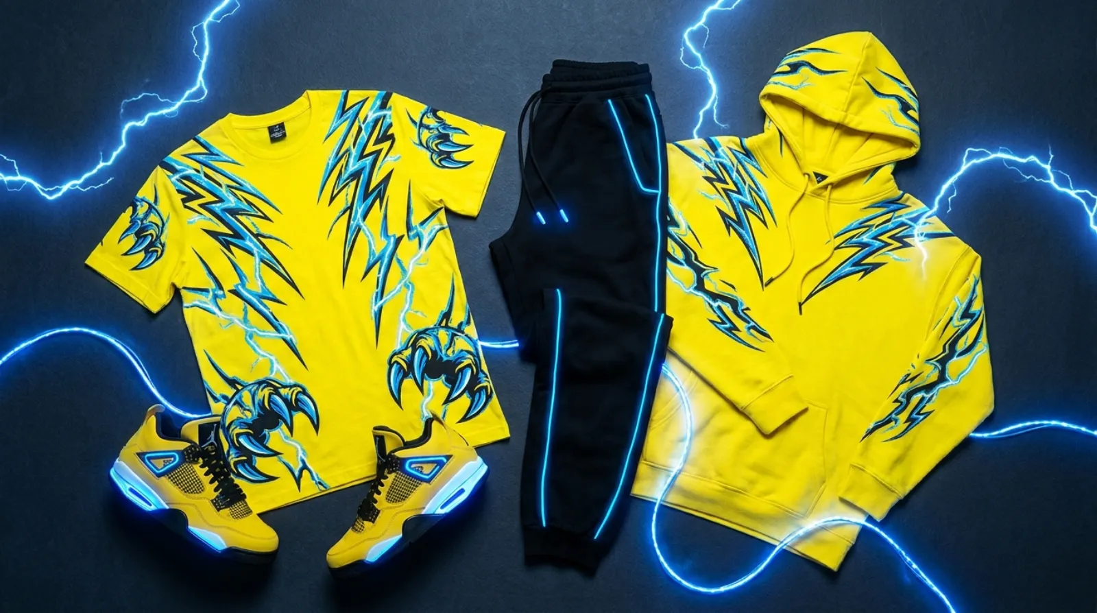 Jolteon merch outfit flat lay with electric yellow tee, hoodie, sweatpants and sneakers