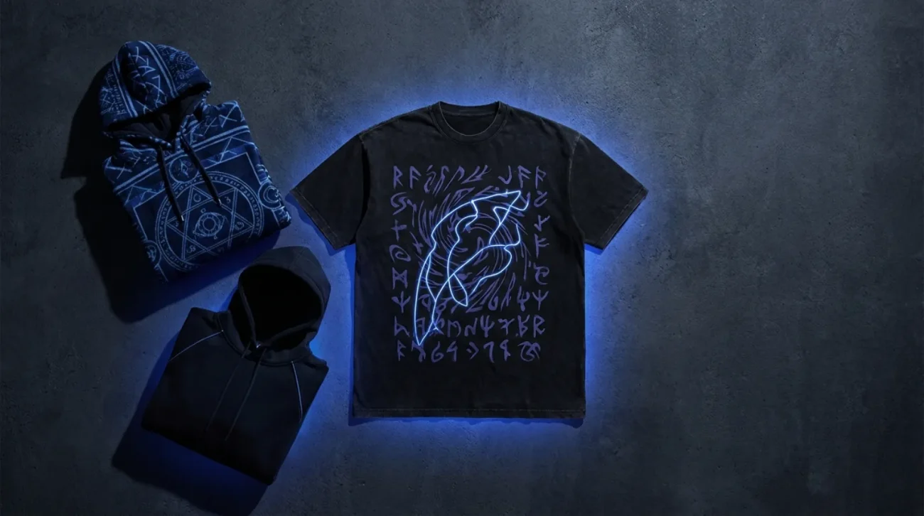 Flat-lay of dark Jujutsu Kaisen gifts including an oversized vintage tee, blue blanket hoodie and black hoodie