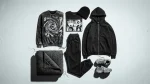Monochrome Junji Ito shirt with abstract spiral motif, sweatpants, zip hoodie, and quilt flat-lay