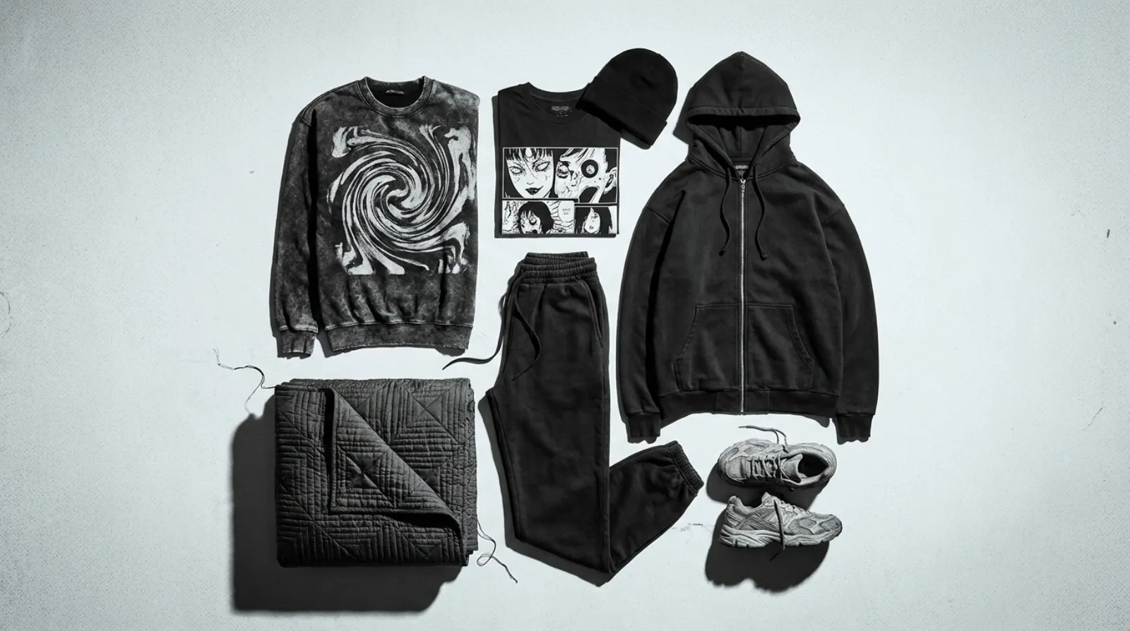 Monochrome Junji Ito shirt with abstract spiral motif, sweatpants, zip hoodie, and quilt flat-lay
