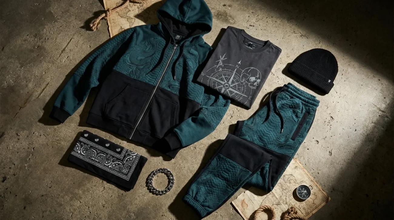 Kaido shirt and One Piece streetwear apparel flat-lay in dark teal