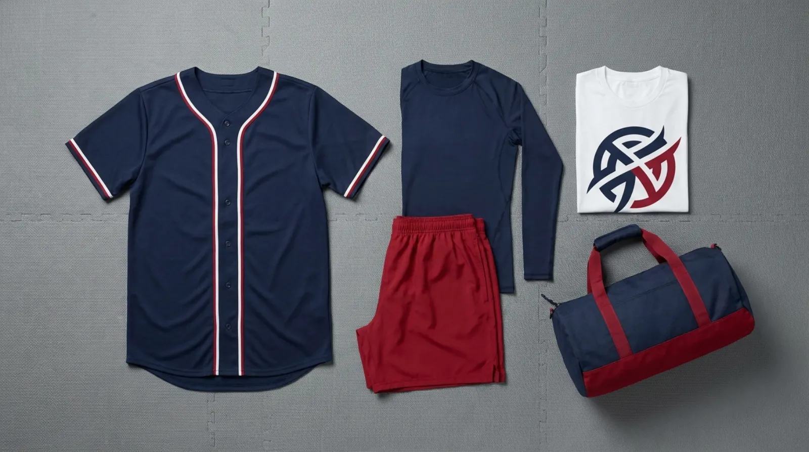Kaiju No. 8 merch flat-lay with a baseball jersey, rash guard, training shorts and graphic tee in navy and red