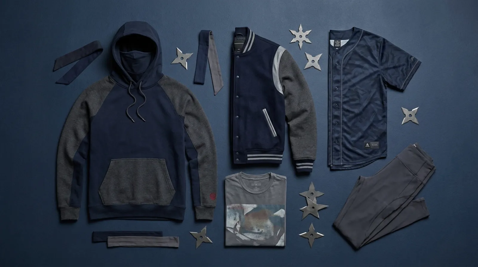Flat-lay of Kakashi Hatake merch including a masked hoodie, varsity jacket, baseball jersey, vintage tee, and training leggings in navy and grey