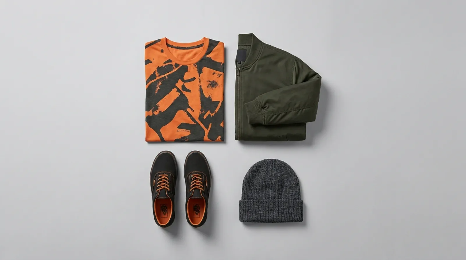 Katsuki Bakugo shirt and apparel flat lay in orange and black explosion palette