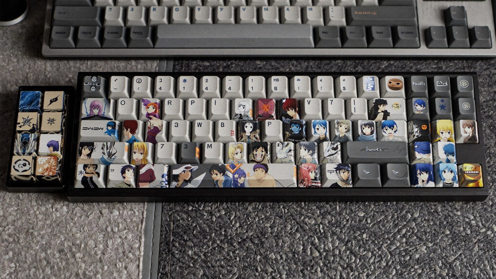 Anime-inspired standard keycap in a social or layered scene with friends