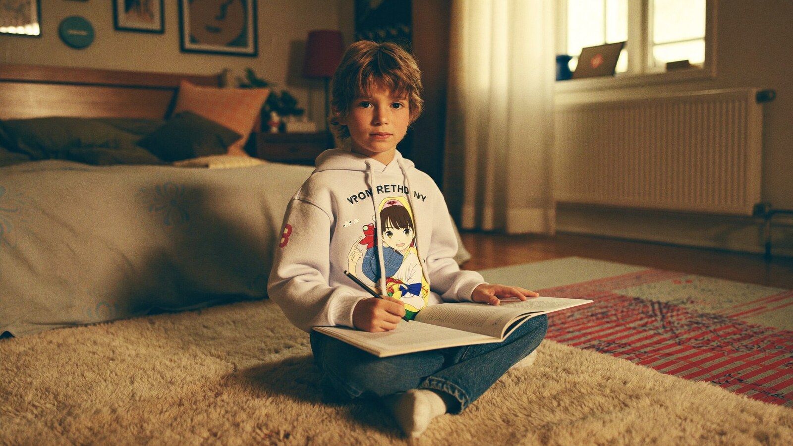 Anime-inspired kids hoodie styled in a natural daylight scene