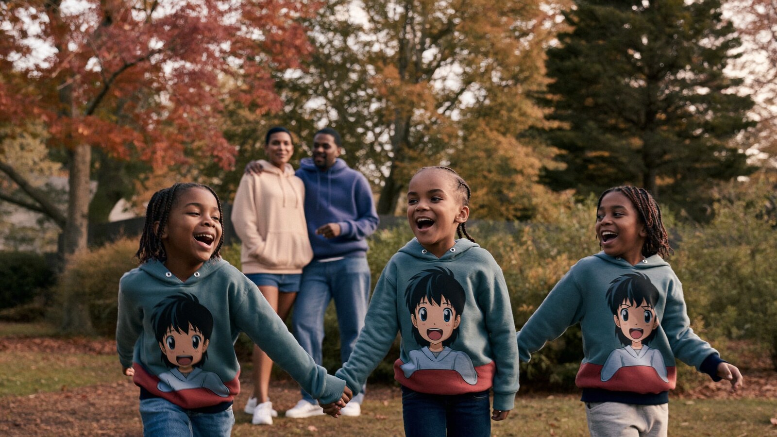 Anime-inspired kids hoodie in a social or layered scene with friends