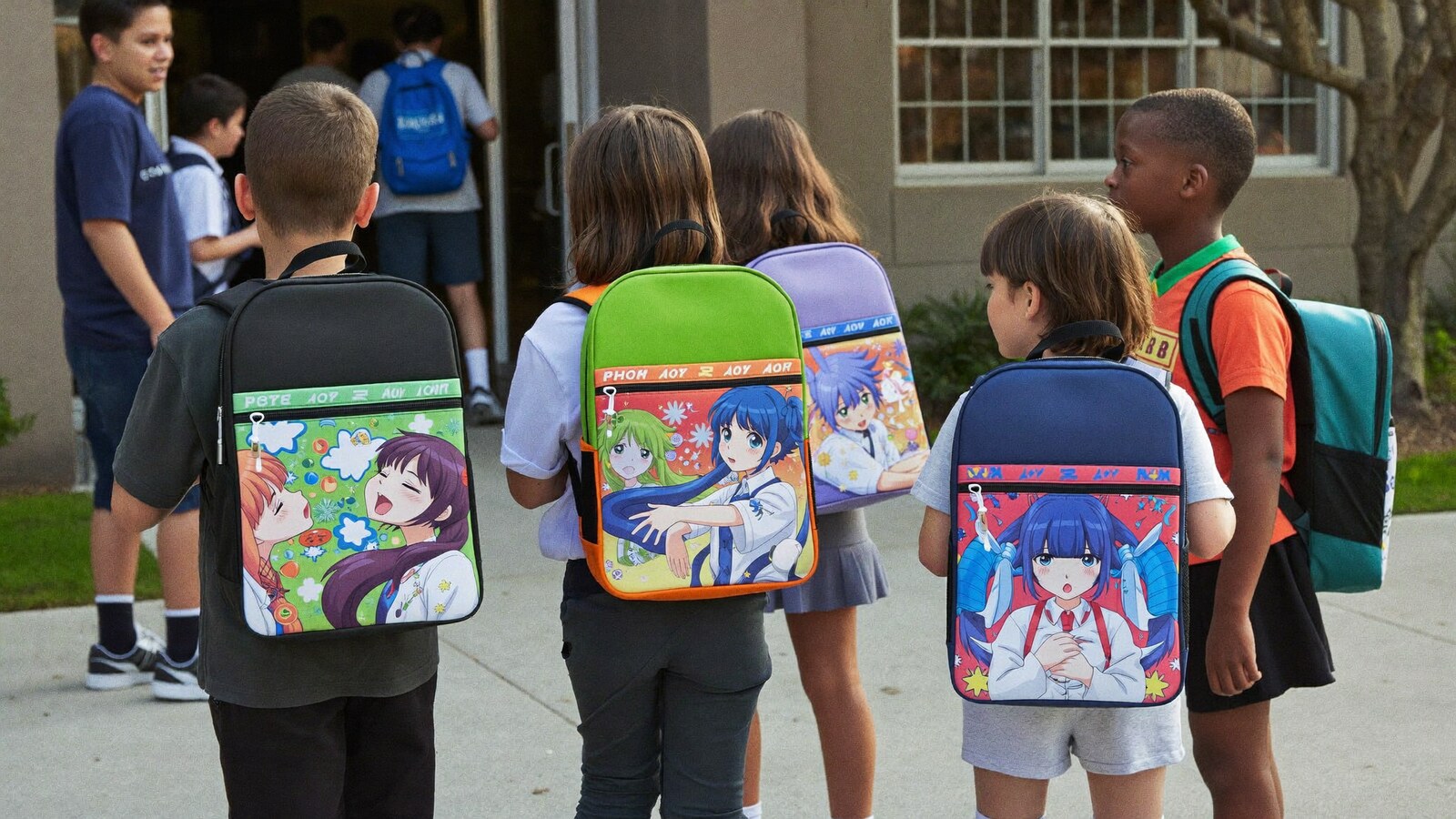 Anime-inspired kids school backpacks in a social or layered scene with friends