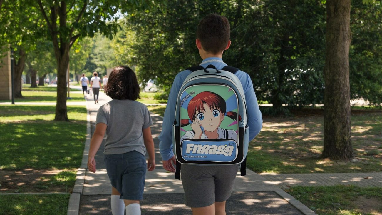 Person wearing an anime-inspired kids school backpacks in an editorial scene