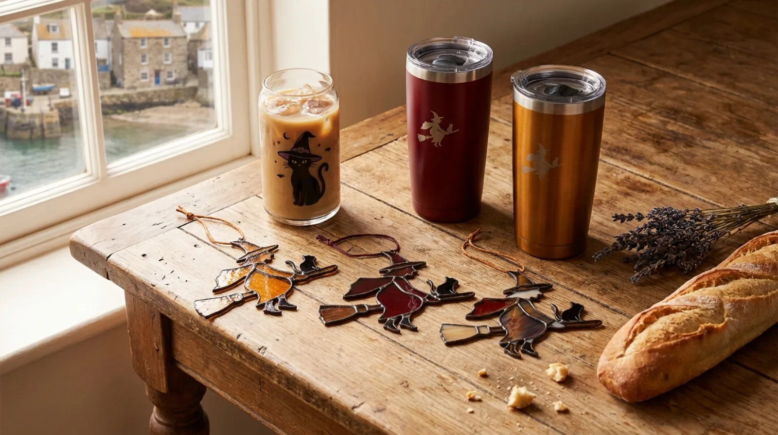 Kiki's Delivery Service merch flat lay with Jiji glass cup, suncatchers and tumblers