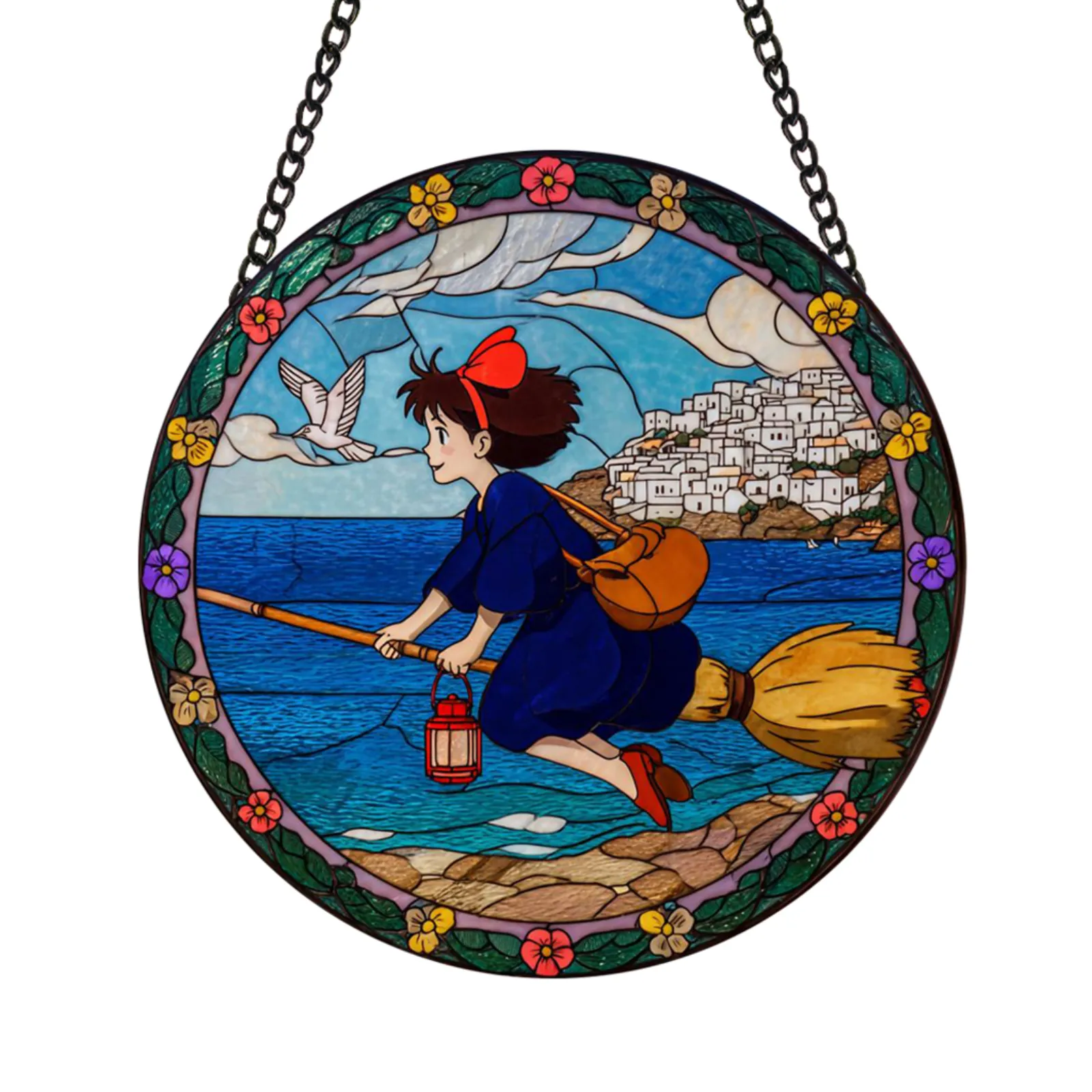Kiki's Delivery Service merch handmade witch stained-glass suncatcher in a sunny window