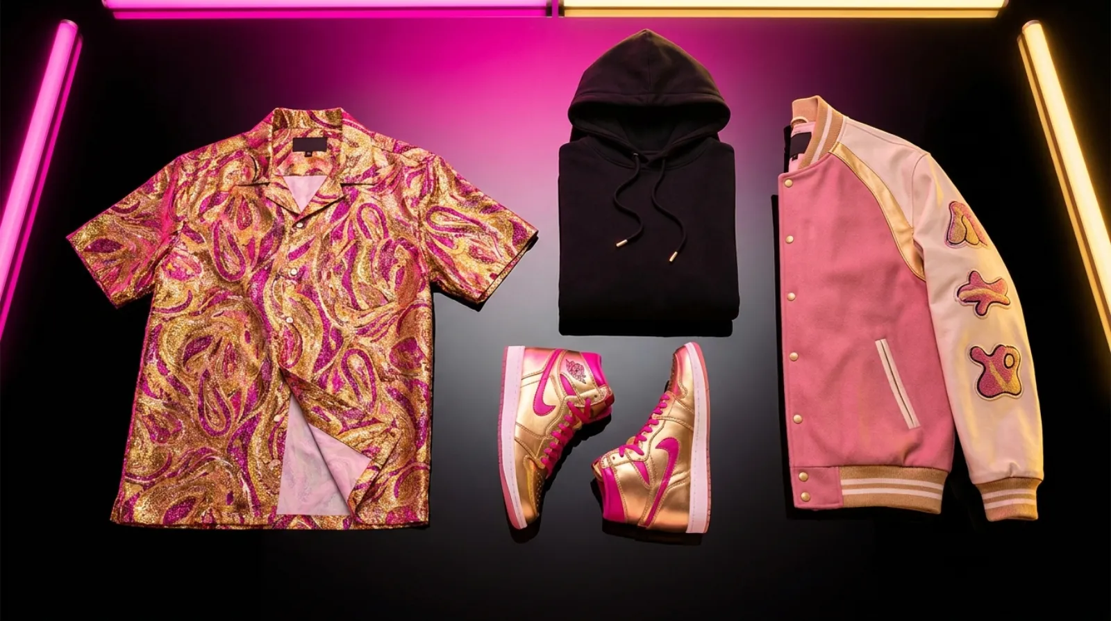 Killer Queen shirt JoJo apparel flat lay in pink and gold