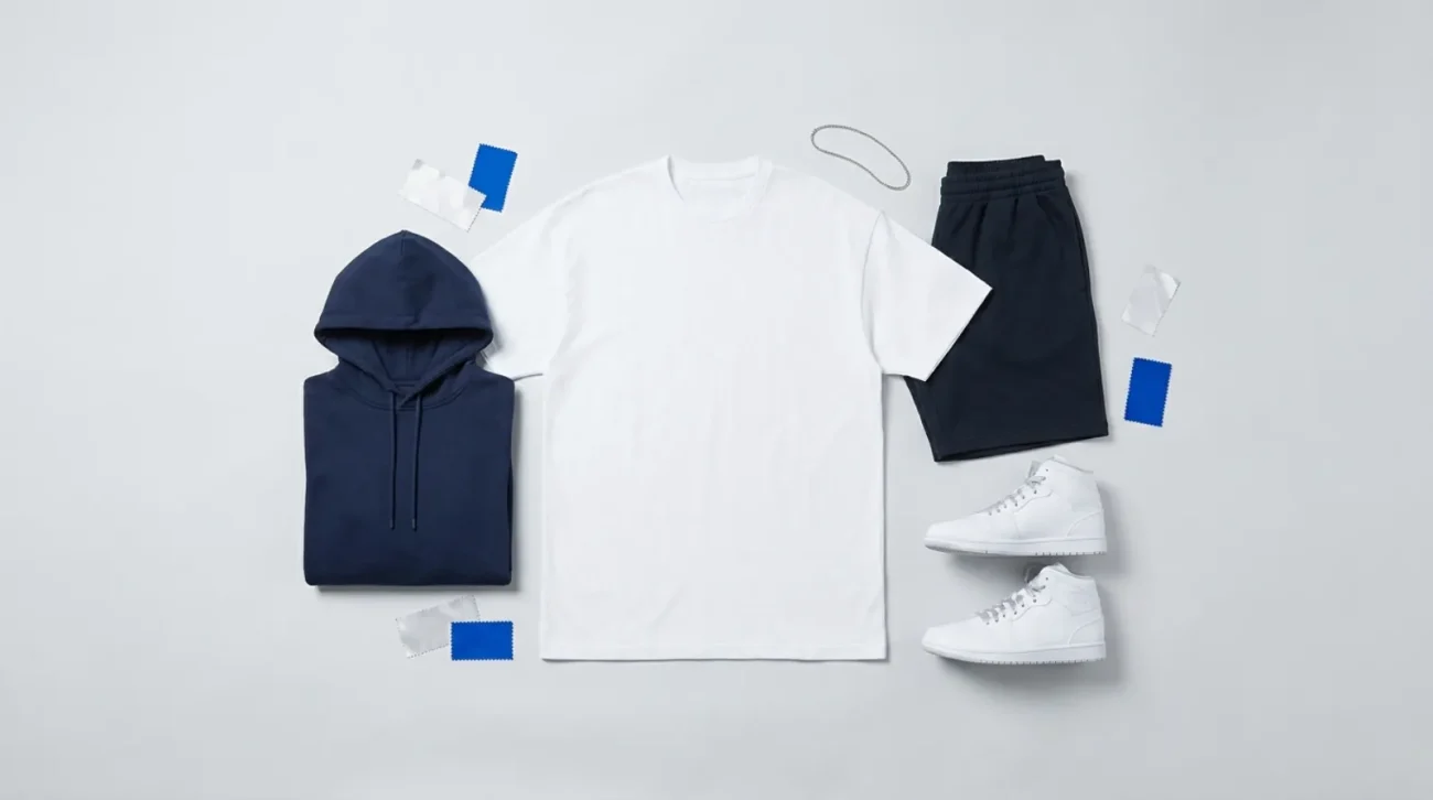 Flat-lay of cool blue and white blank streetwear apparel for a Killua Zoldyck merch lineup