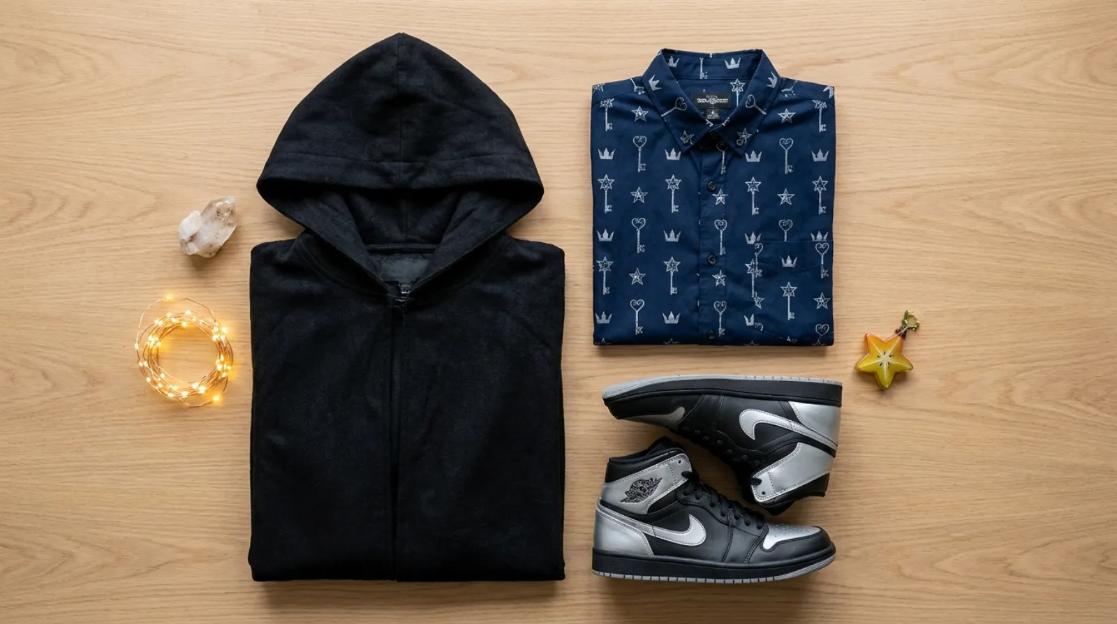 Kingdom Hearts merch flat lay with hooded cloak coat, key-motif Hawaiian shirt and high-top sneakers on light wood