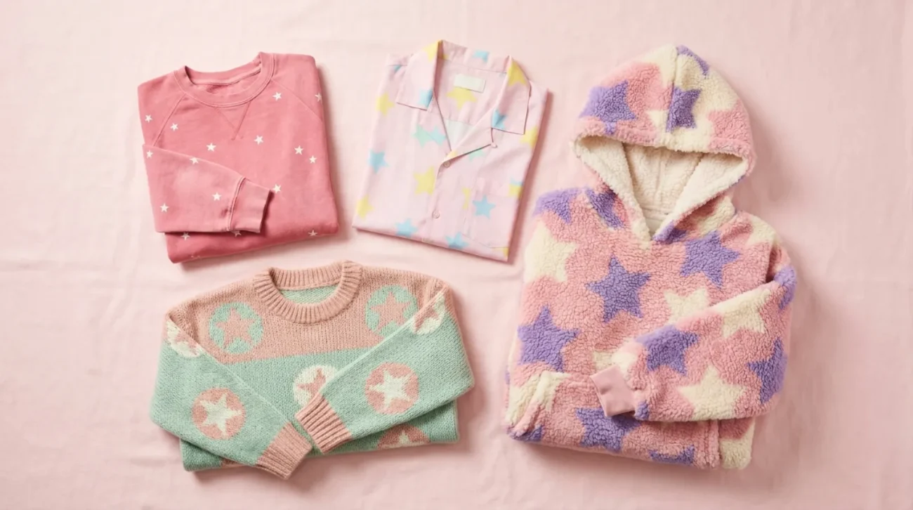 Pink Kirby shirt, vintage sweatshirt, Hawaiian shirt, and blanket hoodie cozy apparel flat-lay