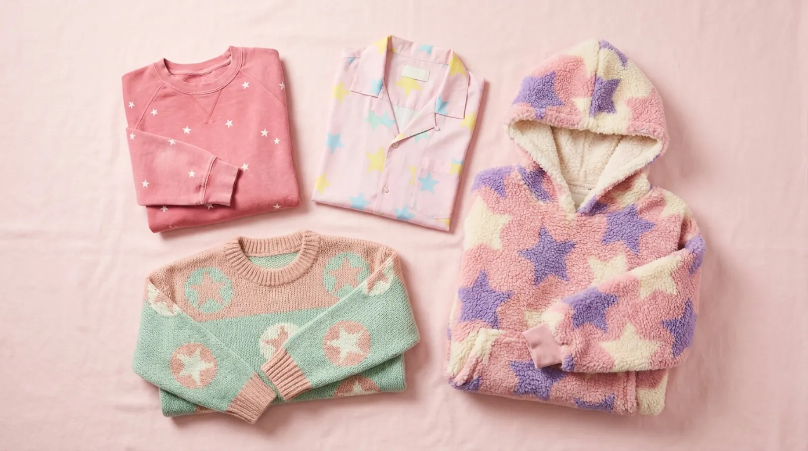 Pink Kirby shirt, vintage sweatshirt, Hawaiian shirt, and blanket hoodie cozy apparel flat-lay