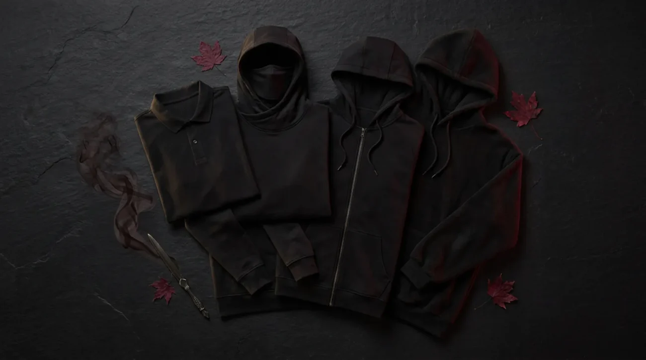 Flat-lay of Kokushibo merch with dark Demon Slayer polo, masked hoodie, and zip hoodie jacket
