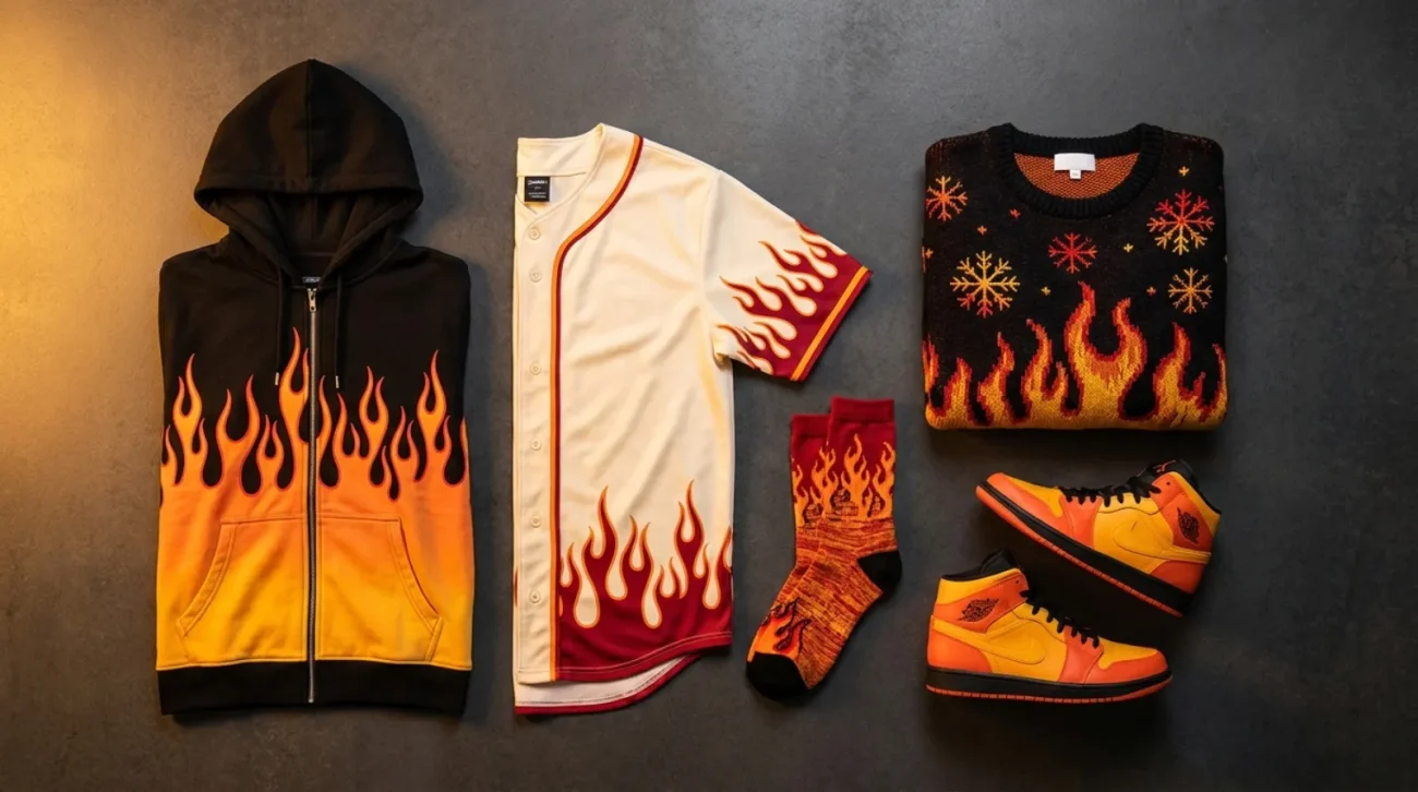Flat-lay of Kyojuro Rengoku merch including flame haori zip hoodie, baseball jersey, socks, and basketball shoes