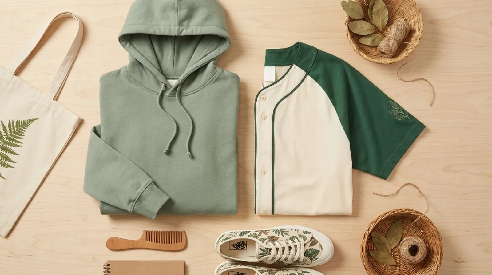 Sage and forest green Leafeon merch apparel and sneakers flat-lay on birch wood