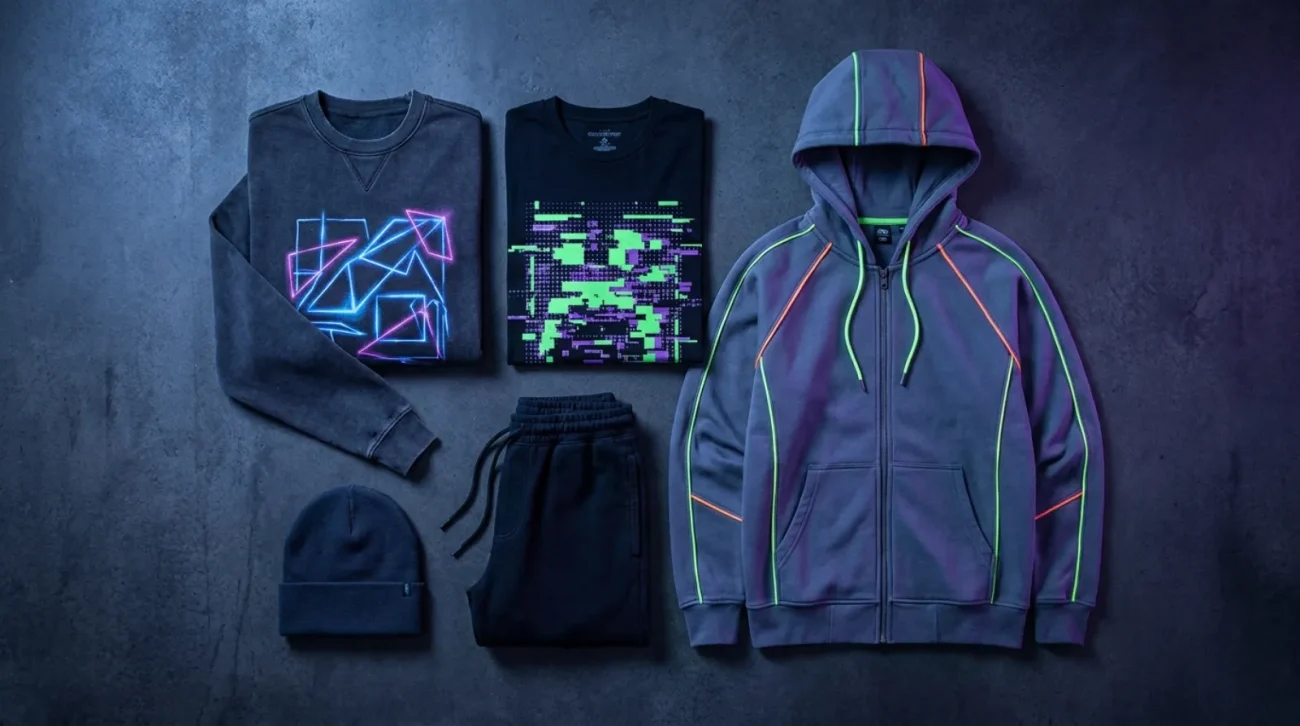 Neon-accent League of Legends merch streetwear apparel flat-lay on dark charcoal