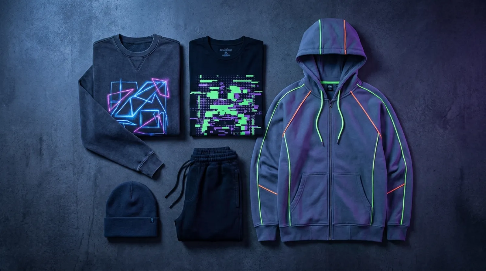 Neon-accent League of Legends merch streetwear apparel flat-lay on dark charcoal