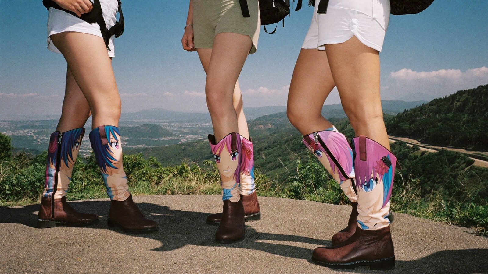 Anime-inspired leather mountain boots in a social or layered scene with friends