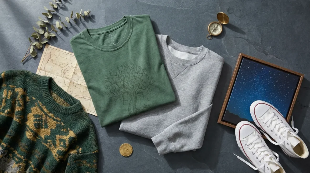 Flat-lay of The Legend of Zelda merch with vintage gaming apparel, sweatshirt, and starry-night canvas print