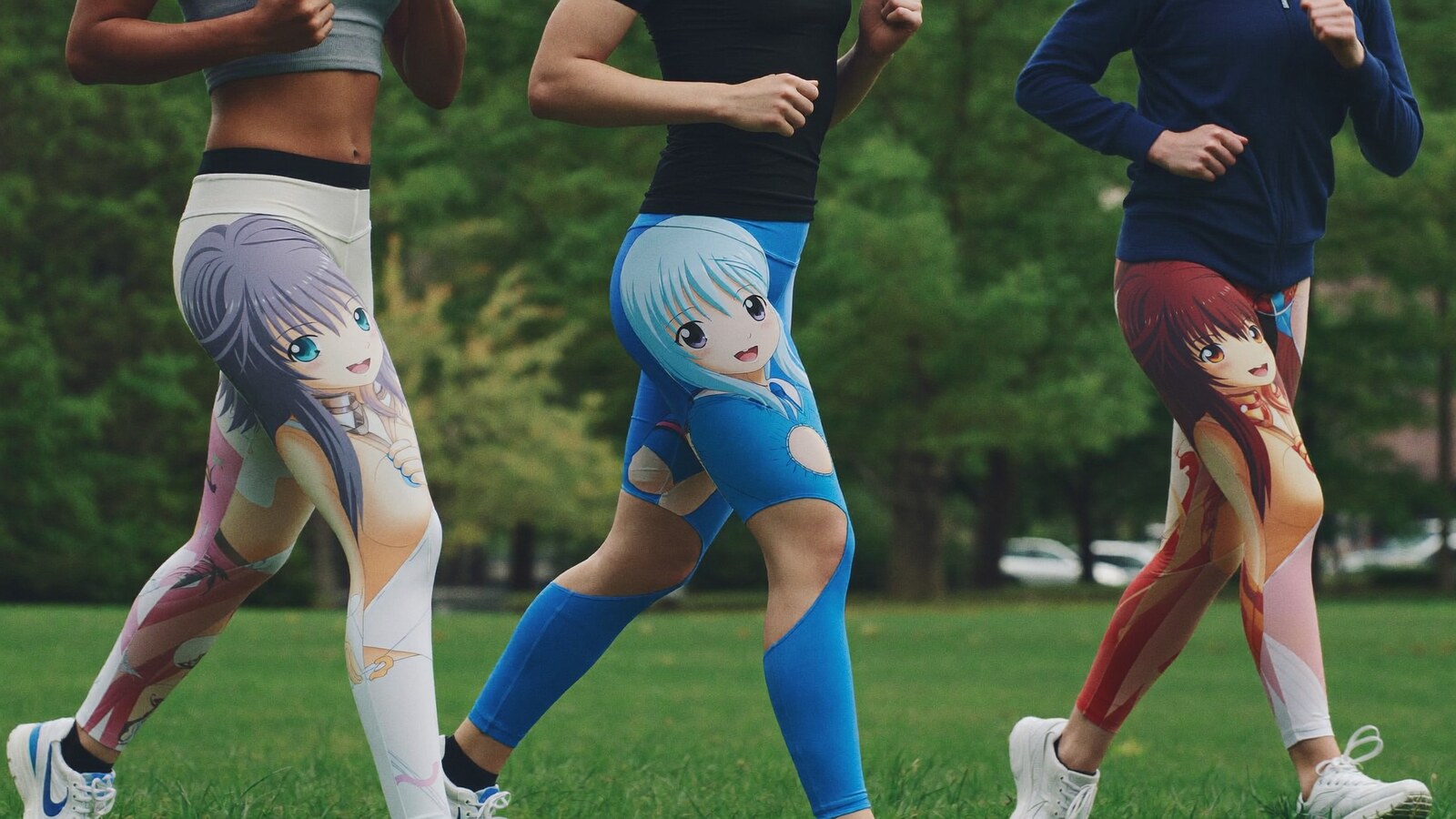 Anime-inspired leggings tights in a social or layered scene with friends