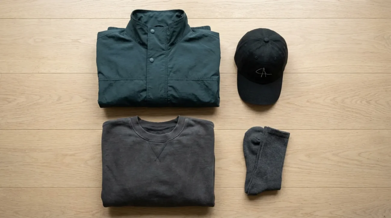 Earth-tone Survey Corps inspired Levi Ackerman merch flat-lay with windbreaker, cap and sweatshirt on light wood