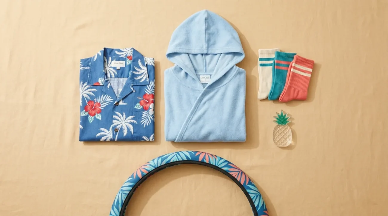 Flat-lay of Lilo & Stitch merch including tropical Hawaiian shirt, hooded cloak coat, socks, and ornament