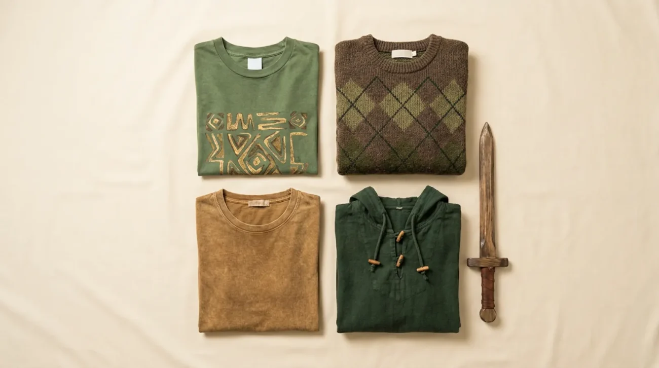 Link shirt and Legend of Zelda apparel flat lay in earthy green and gold