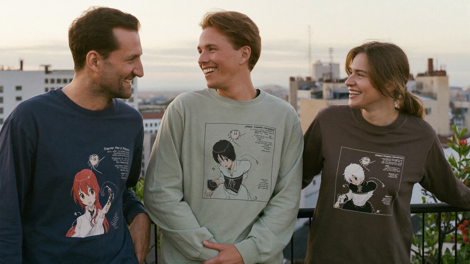 Anime-inspired long sleeve button up shirt in a social or layered scene with friends