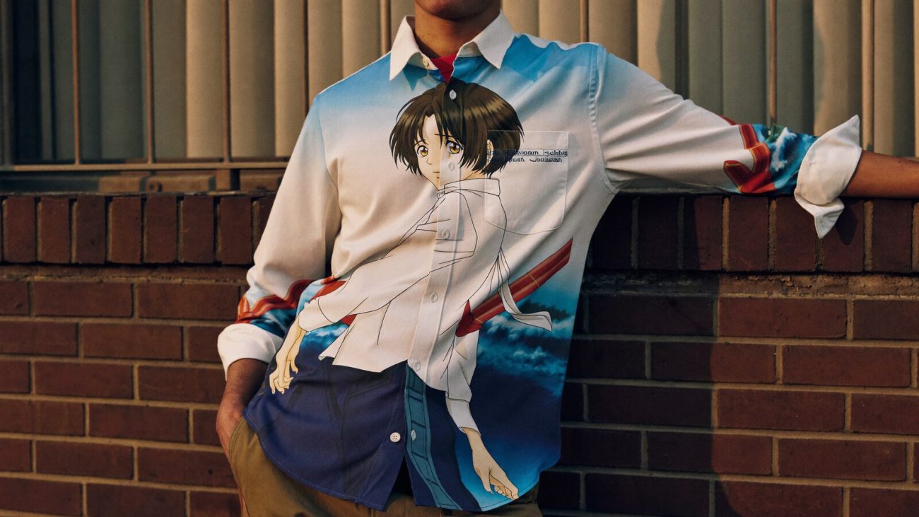 Person wearing an anime-inspired long sleeve button up shirt in an editorial scene