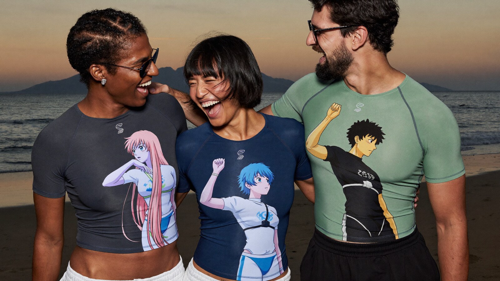 Anime-inspired long sleeve rash guard compression shirts in a social or layered scene with friends