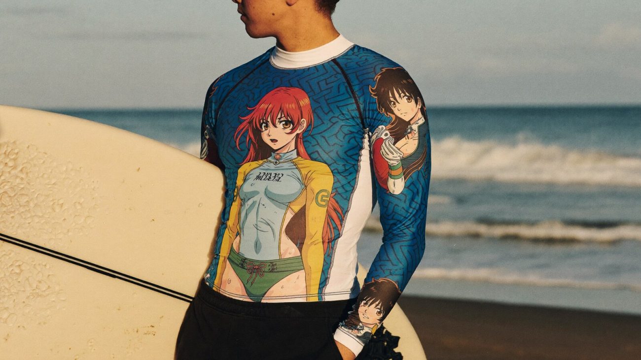 Person wearing an anime-inspired long sleeve rash guard compression shirts in an editorial scene