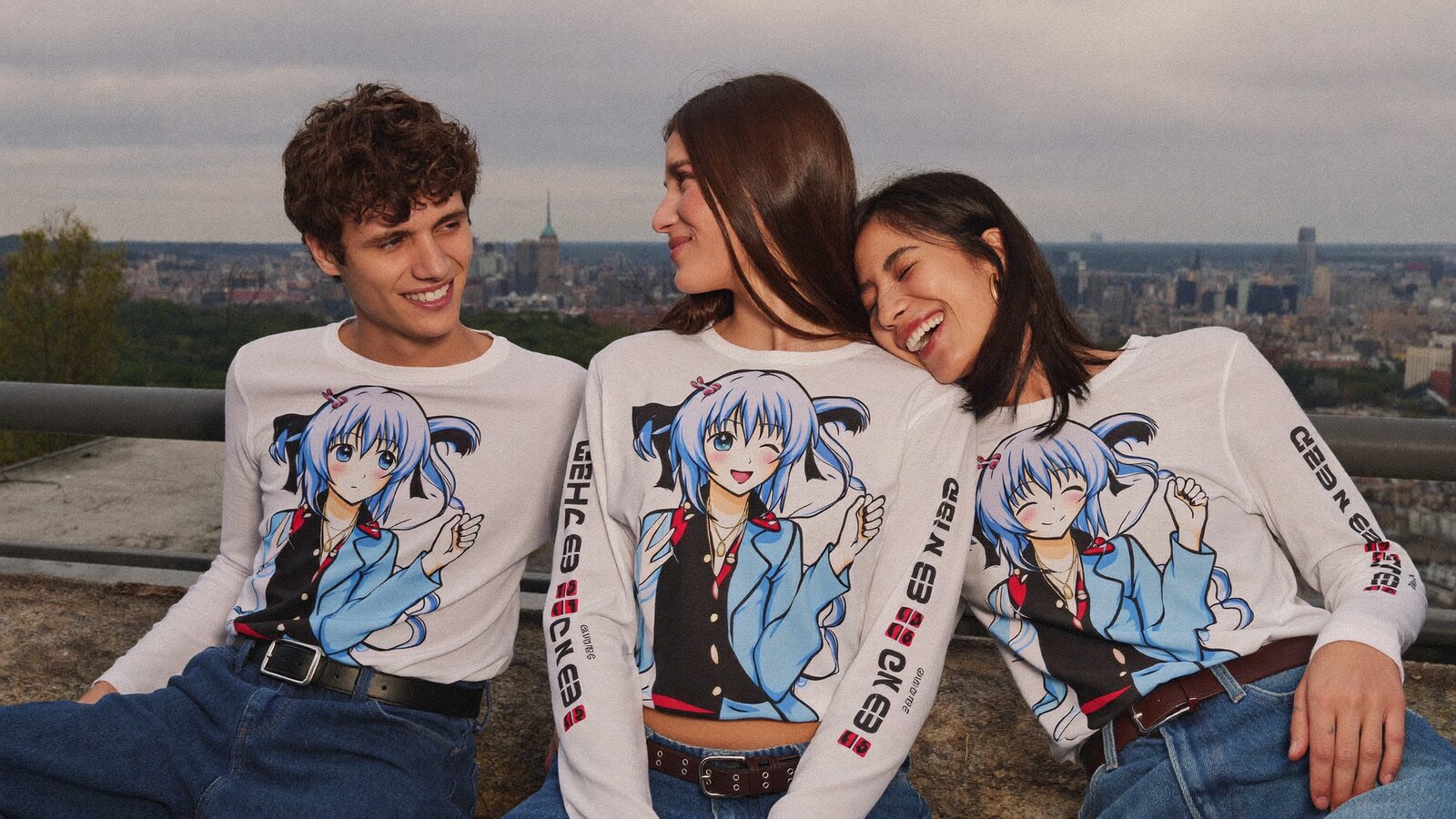 Anime-inspired long sleeve shirts in a social or layered scene with friends