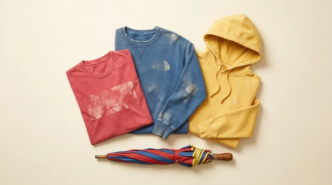 Looney Tunes shirt flat lay with vintage cartoon tee, sweatshirt, hoodie and umbrella in retro primary colors