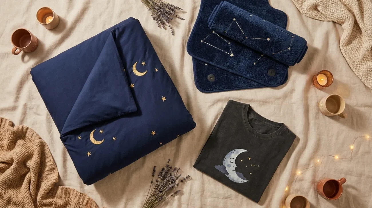 Love You To The Moon shirt and home gift collection flat lay in navy and gold