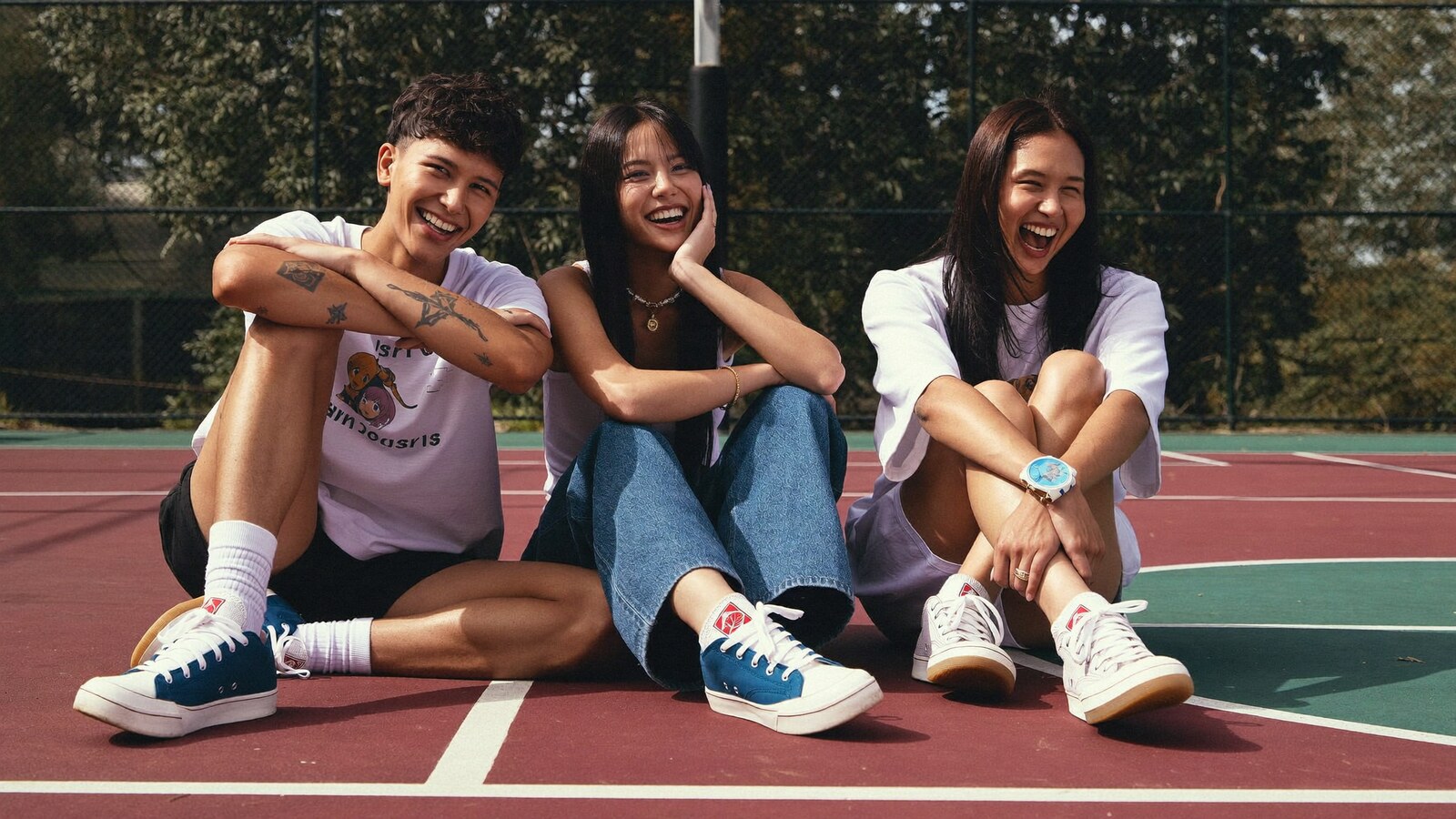 Anime-inspired low 1 basketball shoes in a social or layered scene with friends