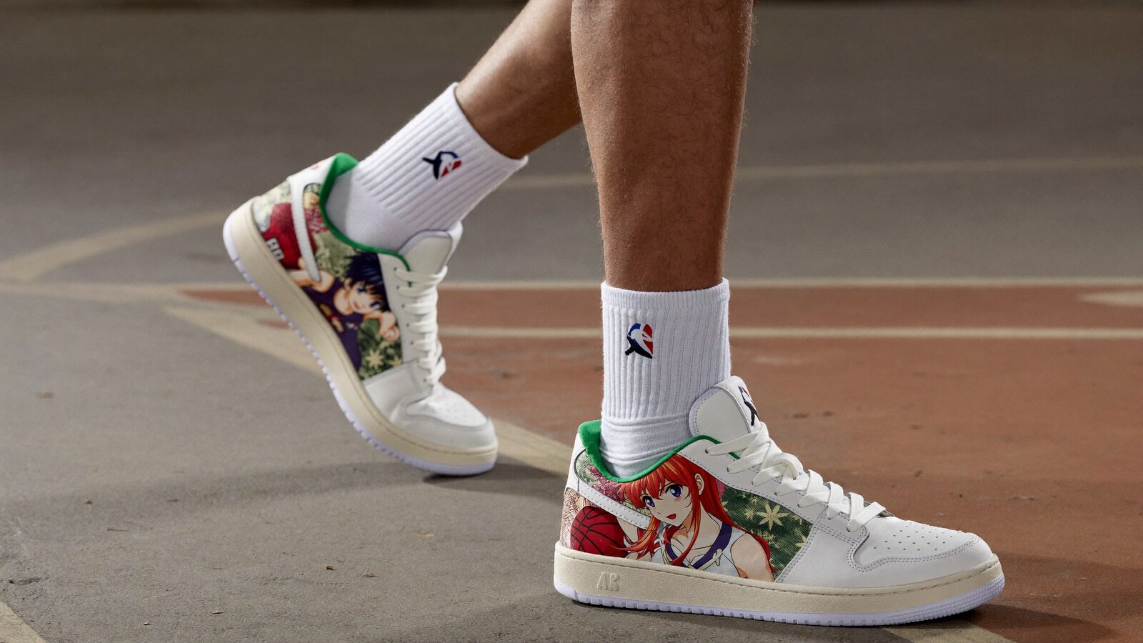 Person wearing an anime-inspired low 1 basketball shoes in an editorial scene
