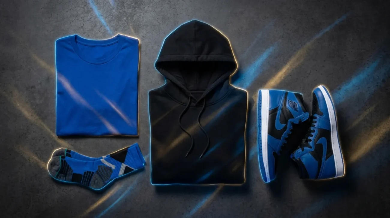 Lucario merch flat lay in bold blue and black Pokemon colors