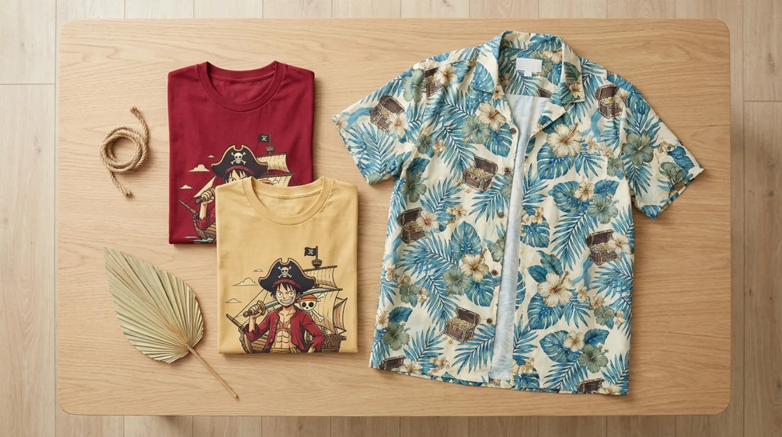 Flat-lay of a red and straw-yellow Luffy shirt and a One Piece Hawaiian button-up on light wood