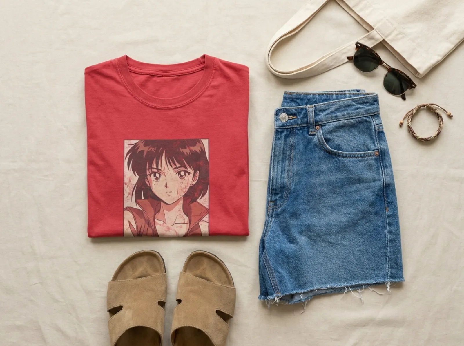 Outfit styling flat-lay pairing a red Luffy shirt with denim shorts and sandals